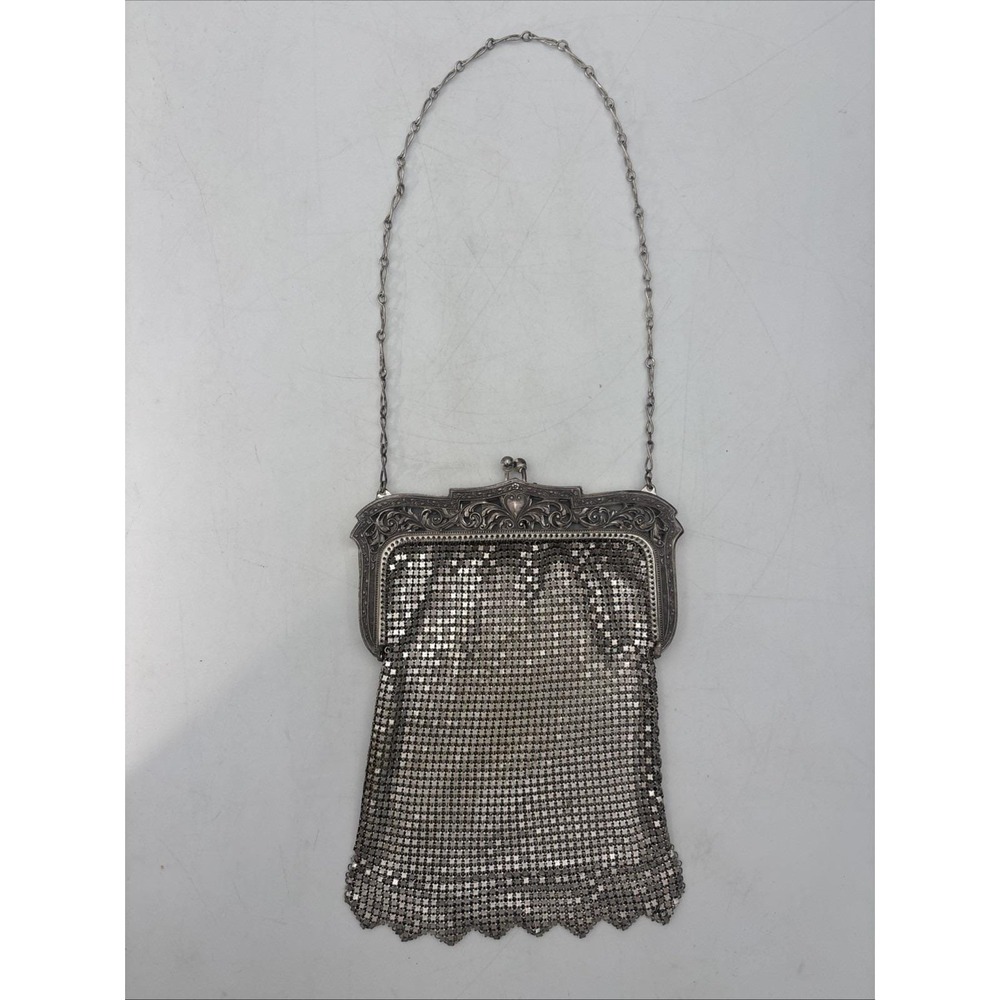 Vintage Signed Whiting & Davis Silver  Mesh Bag Art Deco Flapper Ornate Purse